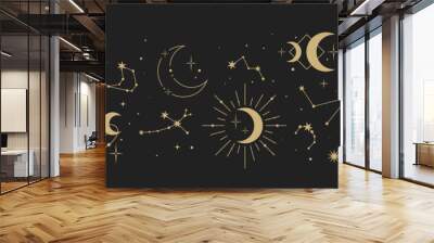 Magic seamless vector border with constellations, moons and stars. Gold decorative ornament. Graphic pattern for astrology, esoteric, tarot, mystic and magic. Luxury elegant design. Wall mural