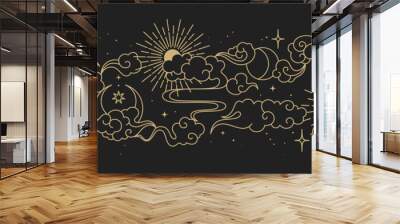 Magic seamless vector border with moons, clouds, stars and suns. Chinese gold decorative ornament. Graphic pattern for astrology, esoteric, tarot, mystic and magic. Wall mural