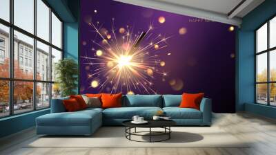 Merry Christmas background with realistic sparkler and light effects. Vector poster with golden bengal lights. Xmas and Happy New Year festive illustration Wall mural