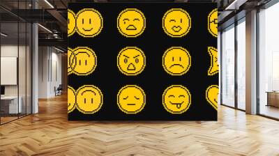 Pixel emoji smile pack. Various pixel art smiles with laugh or love emotions, combined faces, message chat emoticons and expression smiles, vector stickers. 8bit acid style pixelated emoji face. Wall mural