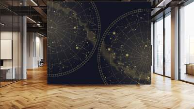 Poster witn star constellations southern and northern map. Gold signs and symbols of zodiac. Astrological celestial maps Wall mural