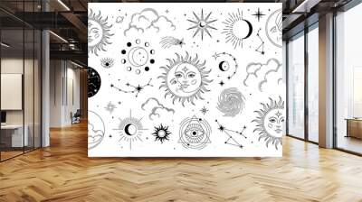 Set of sun, moon, stars, clouds, constellations and esoteric symbols. Alchemy mystical magic elements for prints, posters, illustrations and patterns. Black spiritual occultism objects. Wall mural