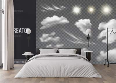 Sky creator. Realistic set of clouds and sun on transparent background. Vector design elements for creating sky cards, poster or banners. Wall mural