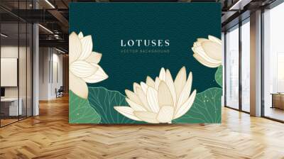 vector background with white lotuses and green leaves. luxury design template with golden line lily. Wall mural