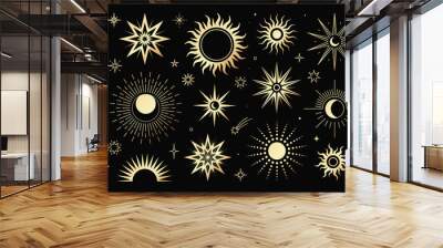 Vector golden set of mystical magic different sun and moon. Spiritual occultism objects, trendy style. Elements template for posters, prints, patterns, illustrations and logos. Wall mural