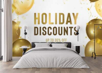 Vector holiday discounts banner with realistic golden balloons. Special offer for season sale. Decorative illustration template design. Helium shiny 3d balloons with gold confetti. Wall mural