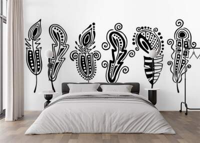 Vector set of hand drawn illustration, decorative ornamental stylized feather. Black and white graphic illustration isolated on the white background. Inc drawing silhouette. Wall mural