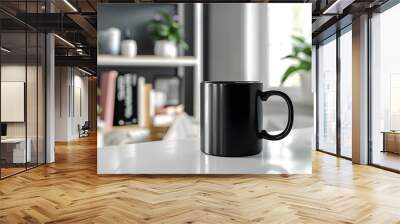 A black coffee mug on a white table Wall mural