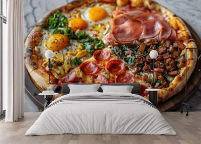 a pizza with various toppings on a wooden plate Wall mural