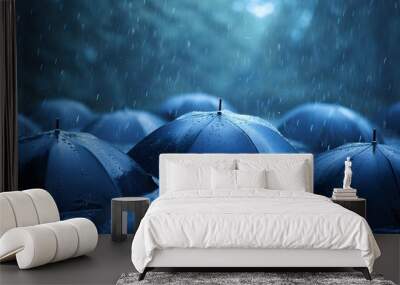 A Sea of Umbrellas in the Rain: A Tranquil Blue Scene Wall mural