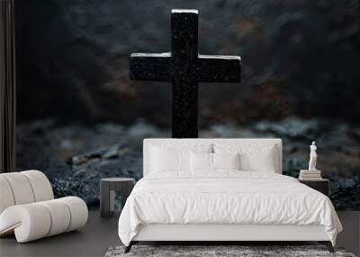 A Solemn Black Cross Against a Dark Background Wall mural