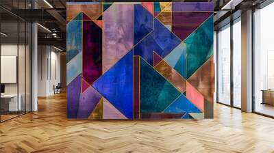 Abstract geometric shapes in various colors, moder backdrop, shapes look like they are overlaid on top of each other, creating a layered effect. Wall mural