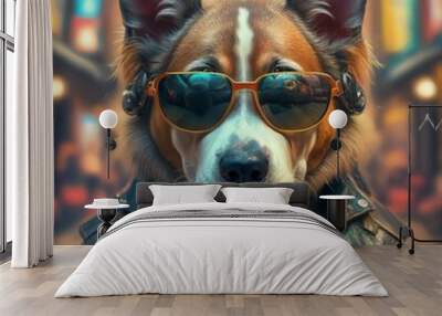 Abstract illustration of fantasy dog character in sunglasses and leather jacket Wall mural