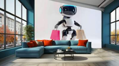 Adorable baby robot with a bag in hand, shopping concept with robot , black Friday concept, back to school concept  Wall mural