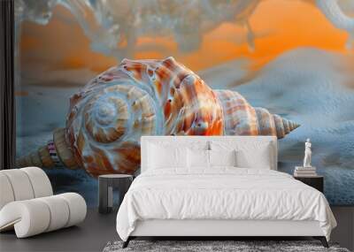 Beautiful Seashell on the Shore with Gentle Waves and Sunset Glow Wall mural