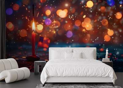 Celebratory Candle with American Flag Amidst Colorful Bokeh and Sparkles Wall mural