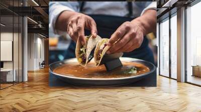 Chef making tacos at a street cafe. selective focus Wall mural