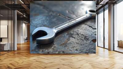 Close-Up of a Silver Adjustable Wrench on a Textured Surface Wall mural