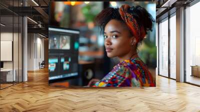 Creative Focus: A Young Woman Editing Video Content in a Vibrant Workspace Wall mural