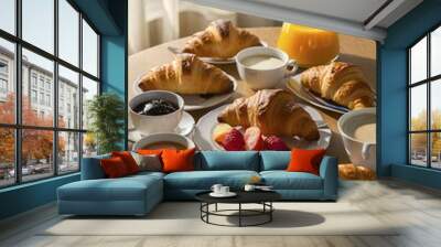 Croissants on table with jam, continental breakfast Wall mural