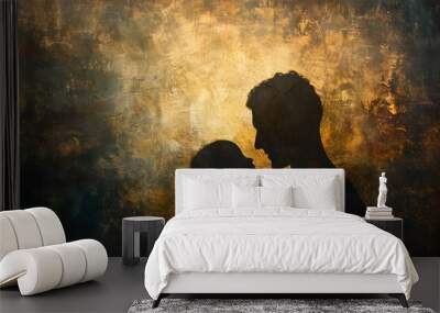 Heartwarming Silhouette of a Parent and Child Embracing Against a Golden Background Wall mural