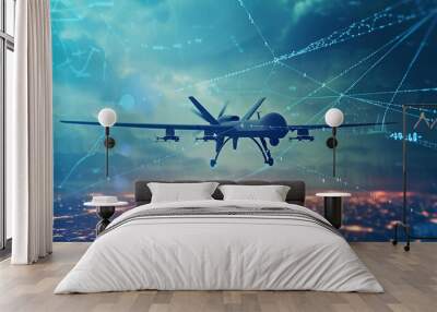 Military drone in action with neuron and radar concept Wall mural