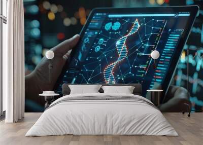 Person holding tablet showing dna strand Wall mural