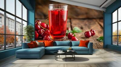 Refreshing Cherry Drink with Fresh Cherries on Rustic Wooden Table Wall mural