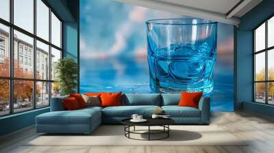 Refreshing Glass of Water on a Blue Background Wall mural