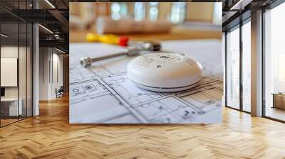 Smoke Detector on Architectural Blueprints with Tools Wall mural