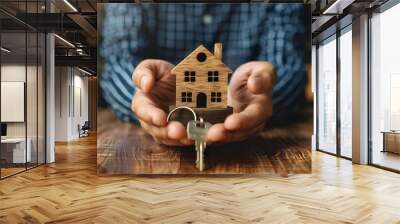 Someone holding a wooden house with a key in their hands Wall mural