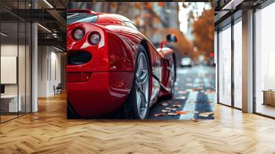 Stunning Red Supercar Amidst Autumn Leaves on a City Street Wall mural