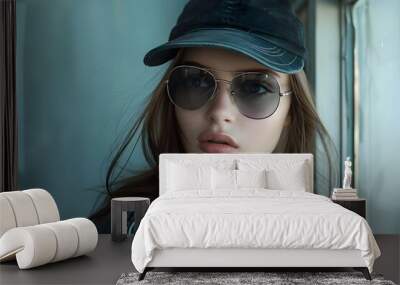 Stylish Portrait of a Young Woman in Sunglasses and a Cap Wall mural