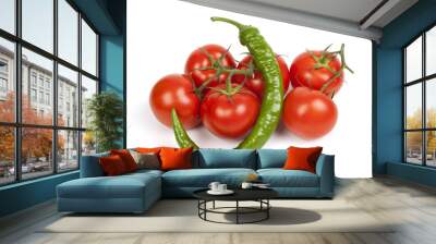 Tomatoes on the vine and Fefferoni, green Meditteranean semi-hot pepper on white background Wall mural