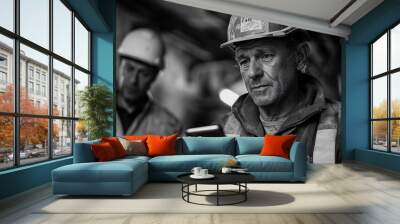 Two men hard hats standing together Wall mural