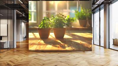 Two potted plants on a table in the sun Wall mural