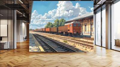 Vibrant Train Station Scene with Freight Train and Lush Background Wall mural