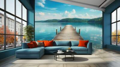 Wooden pier on the lake beautiful landscape summer Wall mural