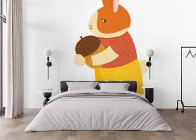 autumn bunny boy. cute cartoon hare rabbit with acorn. hand drawn forest animal. rabbit in the garden, harvest. stock vector illustration isolated on white background. Wall mural