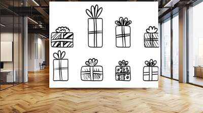 Doodle holiday christmas gift boxes wrapped in paper and decorated with ribbons and bows. Outline packed festive presents. Stock vector illustration isolated on white background. Wall mural