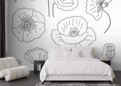 black poppies isolated on a white background. poppy doodle seed heads and flower illustration Wall mural