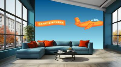 Happy birthday - cute greeting card with bright cartoon orange airplane with congratulatory banner on a clear blue sky background. Vector illustration. Wall mural