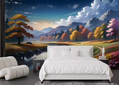 Picturesque autumn landscape where the moon shines brightly over a meadow covered with fallen autumn leaves.  Wall mural