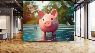 piggy bank on solar panels. Selective focus Wall mural