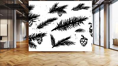 Set of coniferous branches and cones. Black and white hand drawn illustration Wall mural