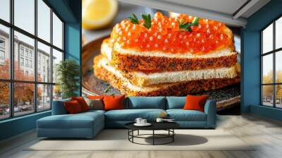 sandwiches with red caviar. Selective focus Wall mural