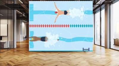 Swimming competition, swimmers athletes of different races are engaged in sport. Top view of the swimming pool with a butterfly style lesson. Vector horizontal illustration for web design Wall mural