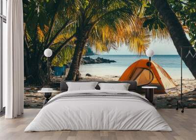 tent on the shore of a tropical beach. Selective focus Wall mural