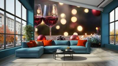 two glasses with wine christmas concept. Selective focus Wall mural