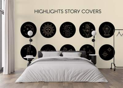 Vector set of icons and emblems for social media celestial stories highlight covers - design templates. Abstract design golden elements on black circle background   Wall mural